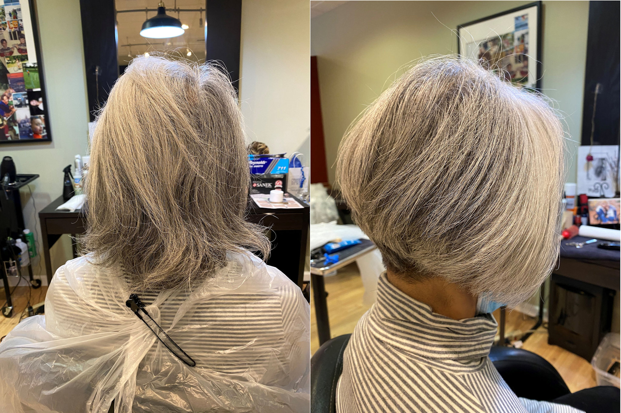 Before/After photo of an actual client at Shoreline Organic Hair Salon.