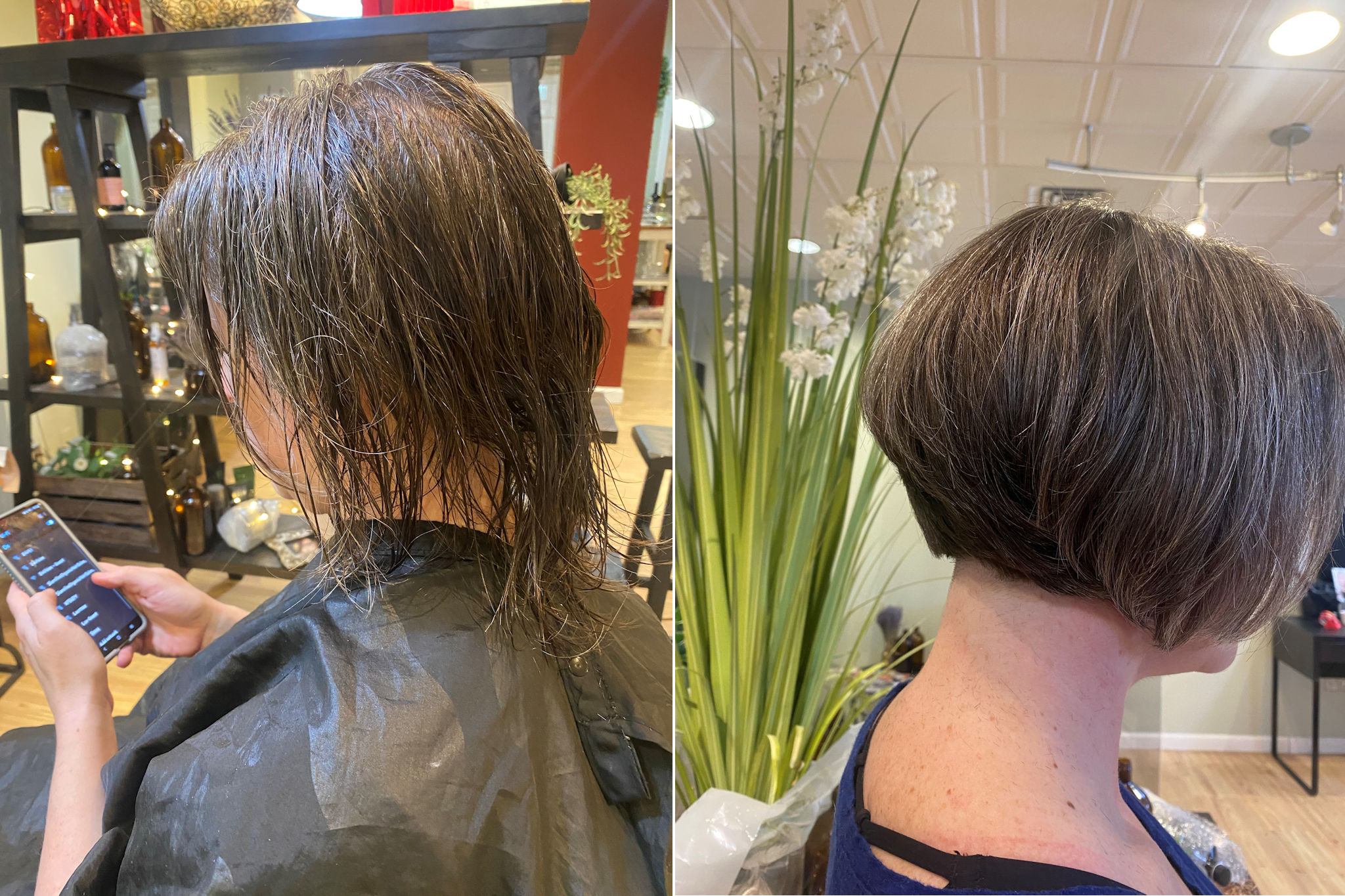 Before/After photo of an actual client at Shoreline Organic Hair Salon.
