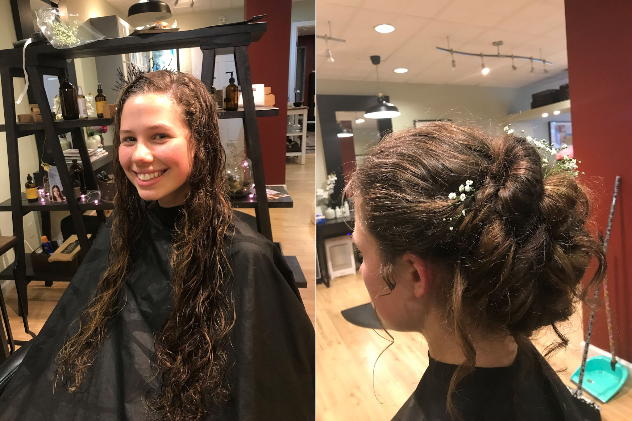 Before/After photo of an actual client at Shoreline Organic Hair Salon.