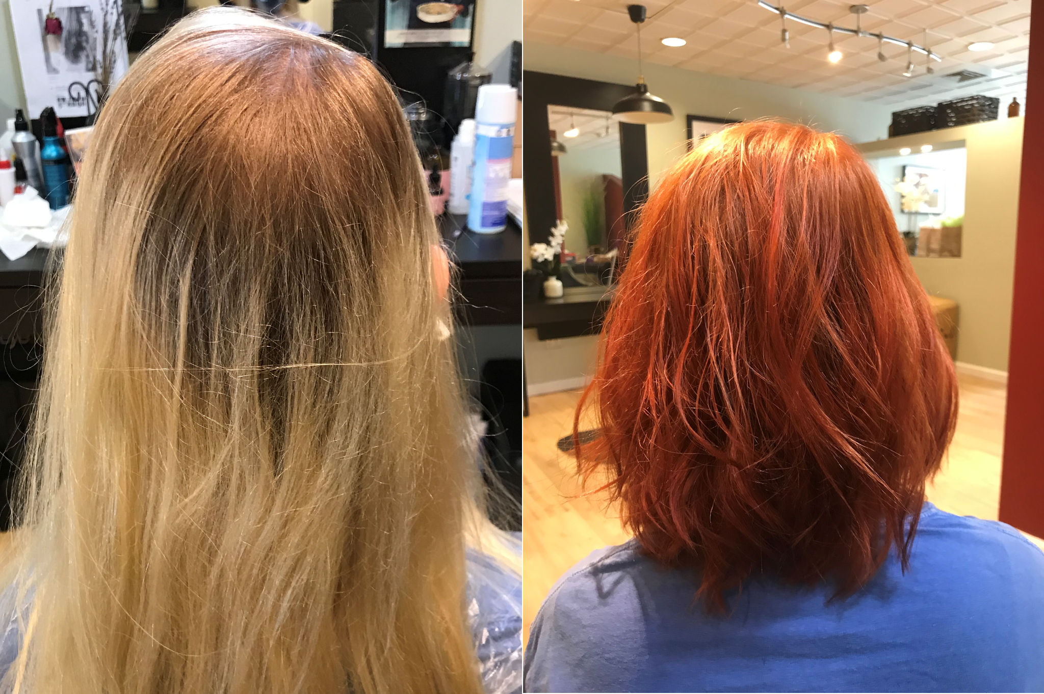 Before/After photo of an actual client at Shoreline Organic Hair Salon.