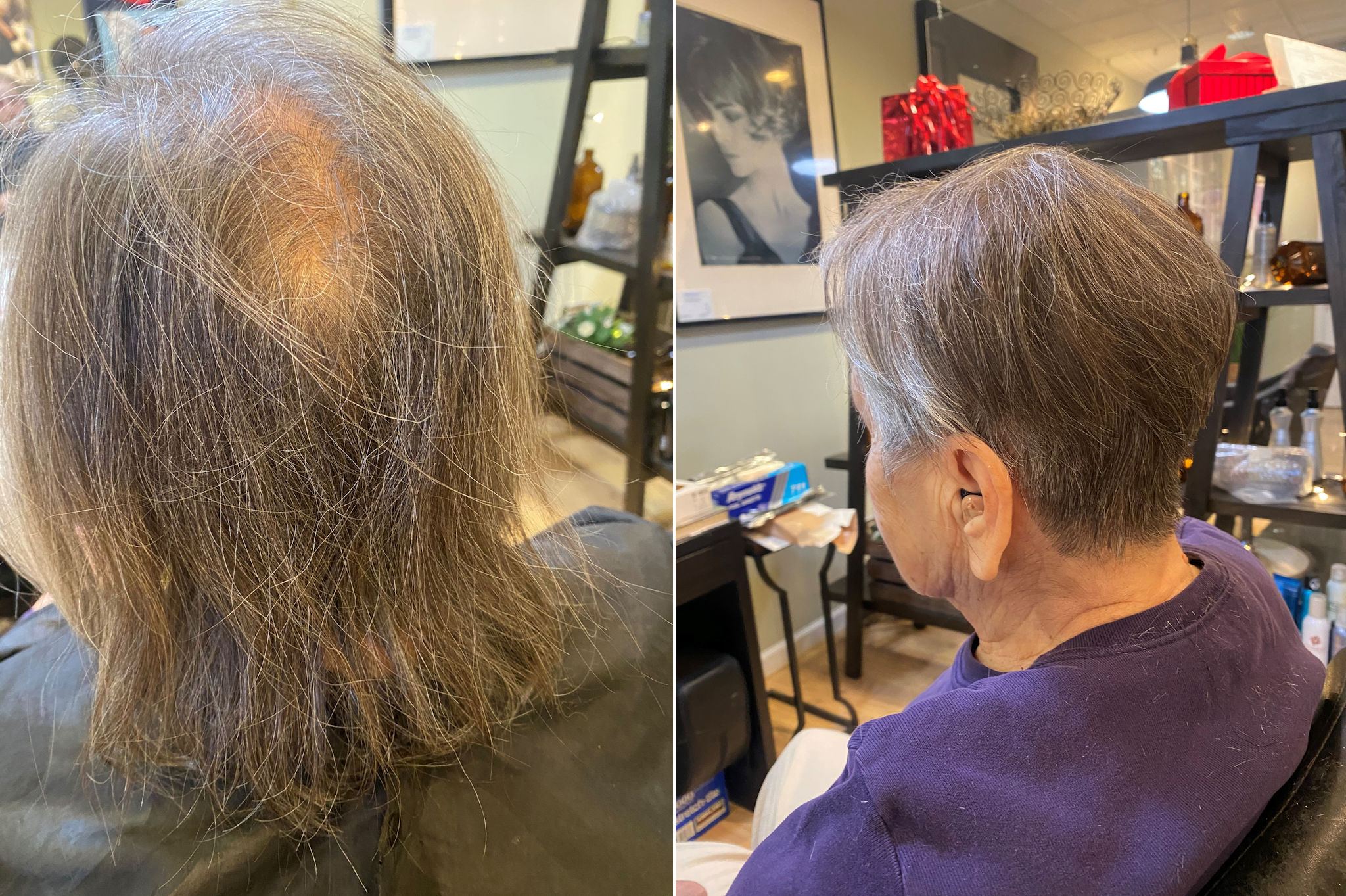 Before/After photo of an actual client at Shoreline Organic Hair Salon.