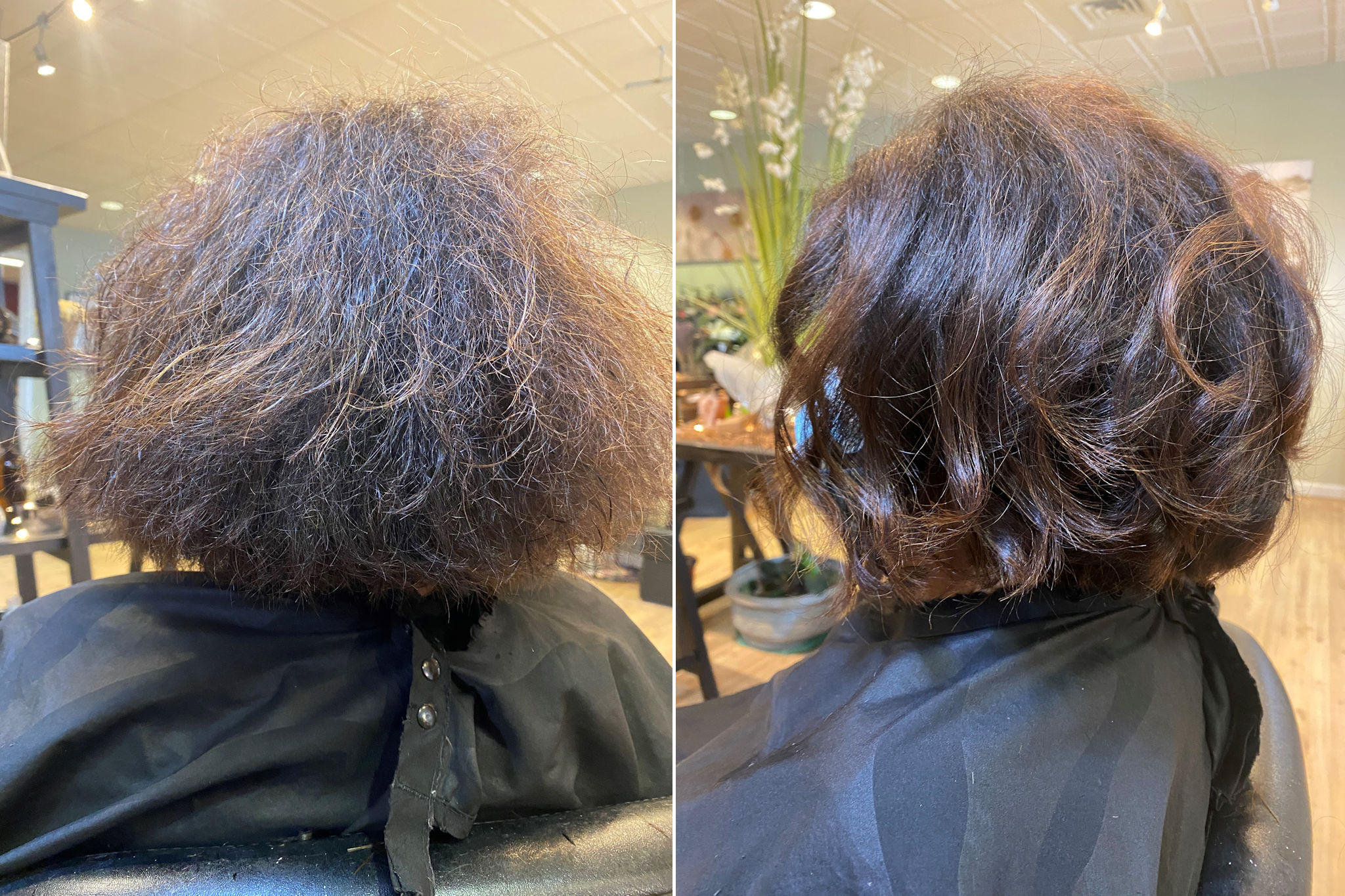 Before/After photo of an actual client at Shoreline Organic Hair Salon.