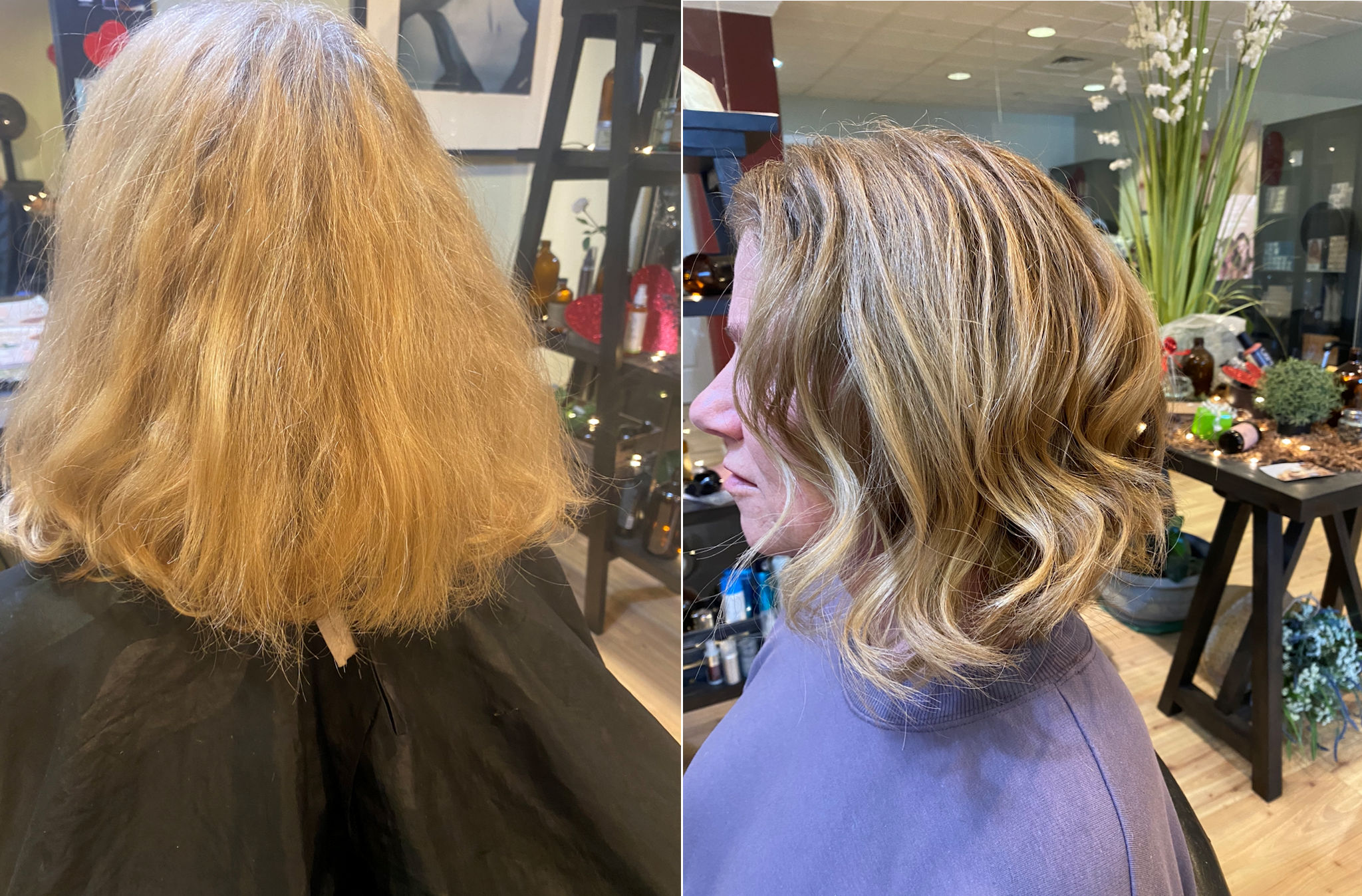 Before/After photo of an actual client at Shoreline Organic Hair Salon.