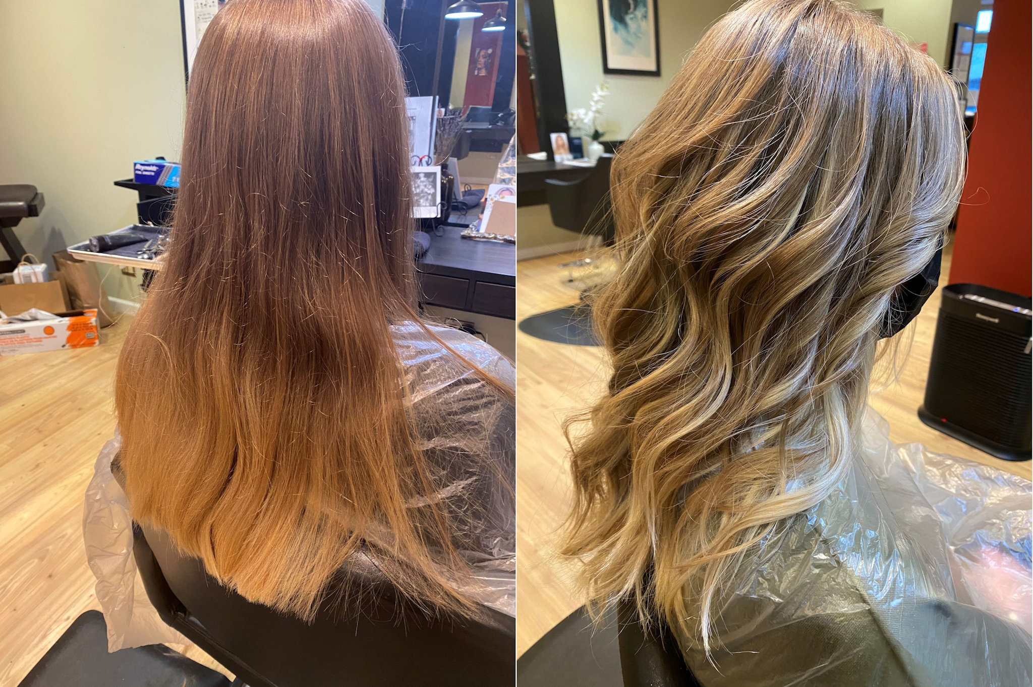 Before/After photo of an actual client at Shoreline Organic Hair Salon.