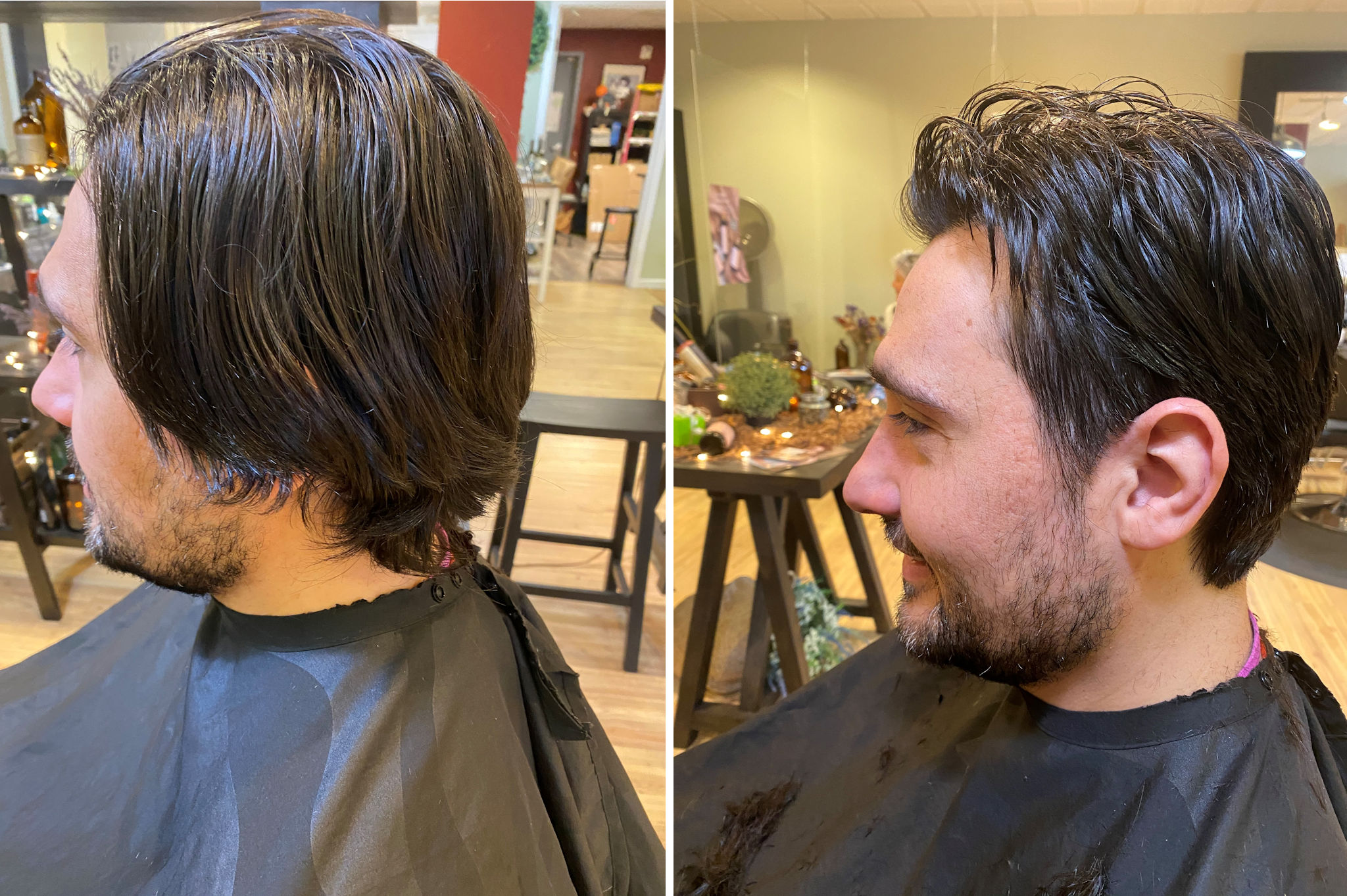 Before/After photo of an actual client at Shoreline Organic Hair Salon.