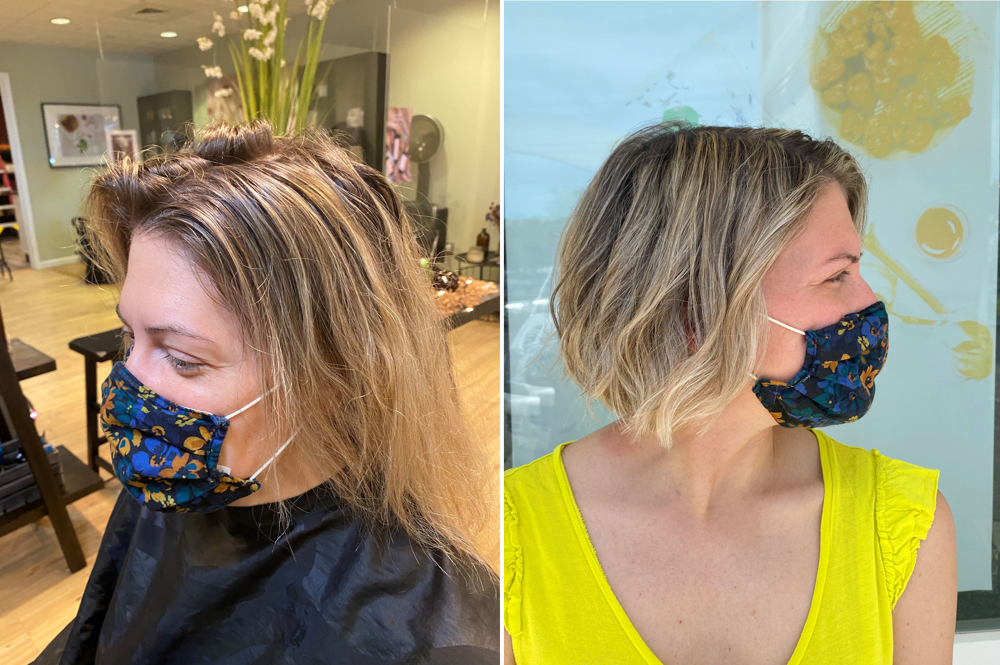 Before/After photo of an actual client at Shoreline Organic Hair Salon.