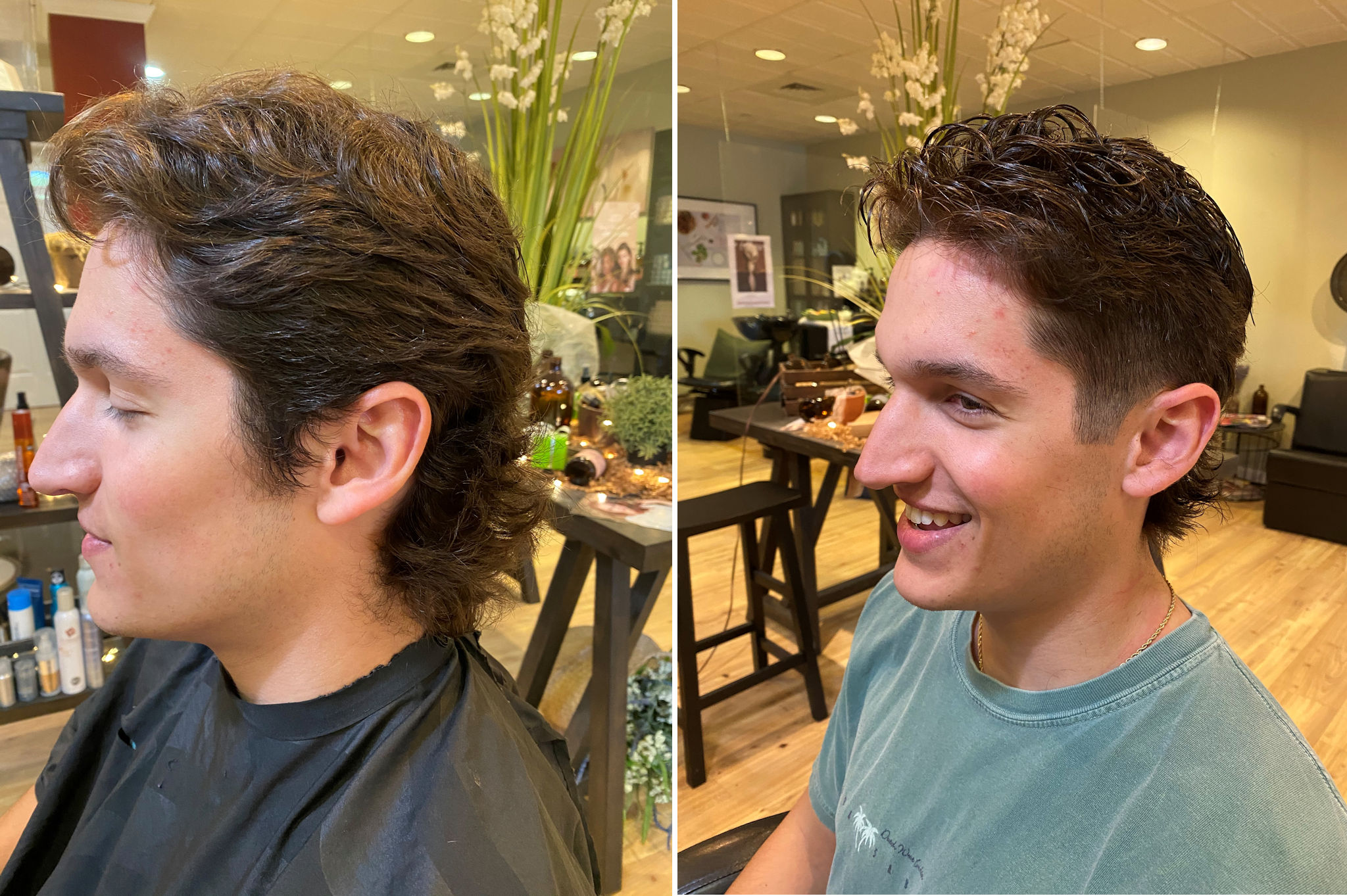 Before/After photo of an actual client at Shoreline Organic Hair Salon.