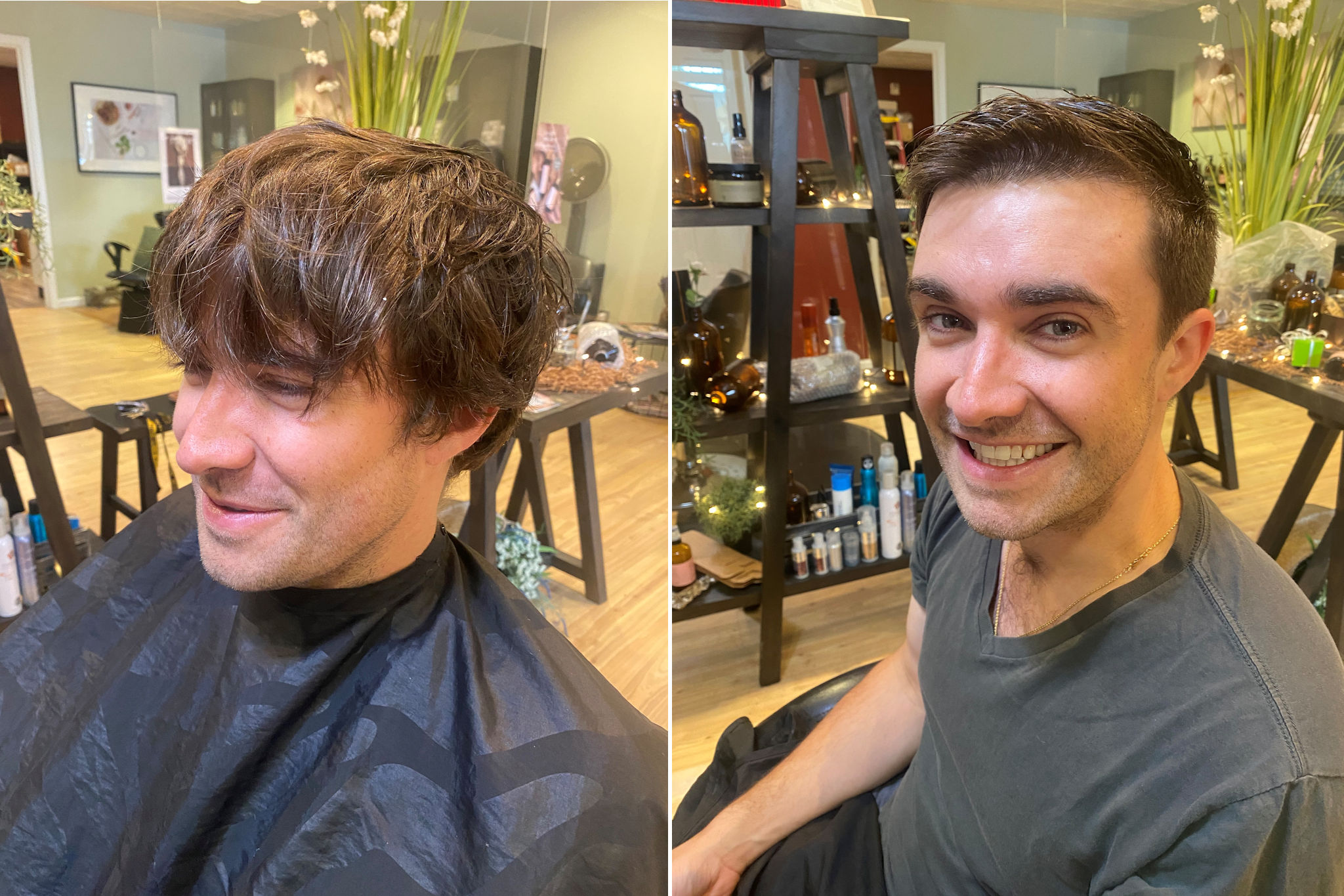 Before/After photo of an actual client at Shoreline Organic Hair Salon.