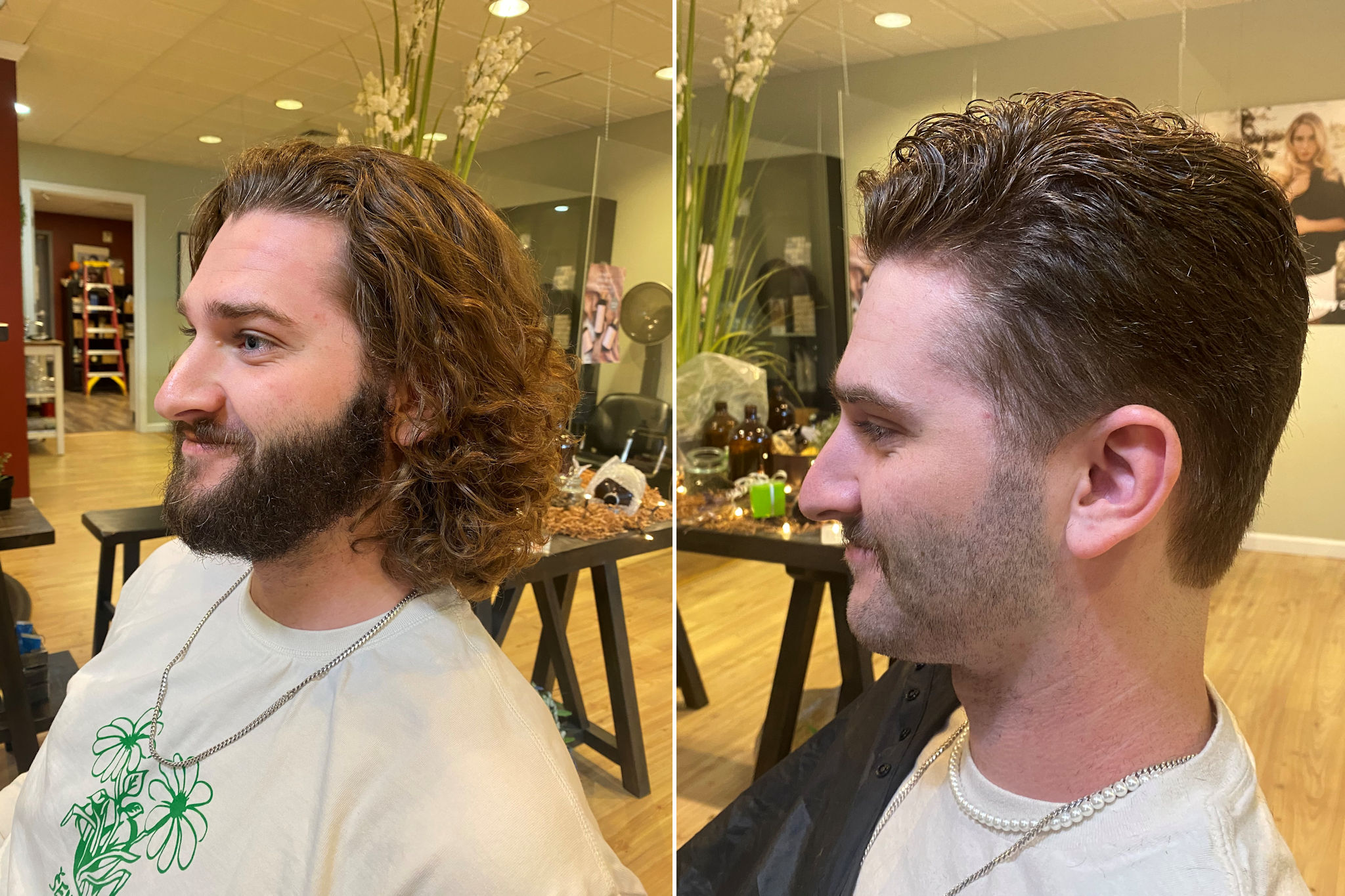 Before/After photo of an actual client at Shoreline Organic Hair Salon.