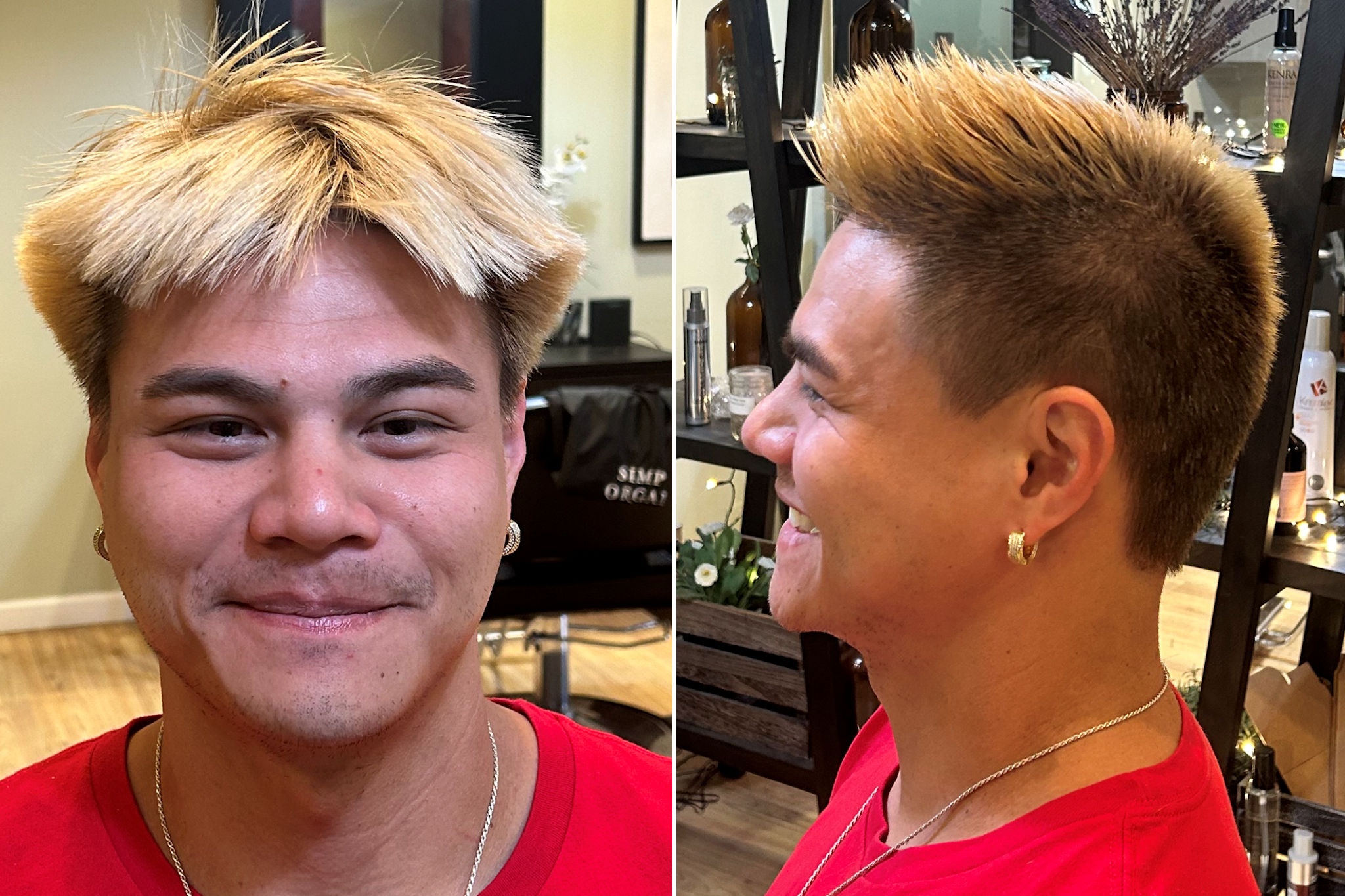 Before/After photo of an actual client at Shoreline Organic Hair Salon.